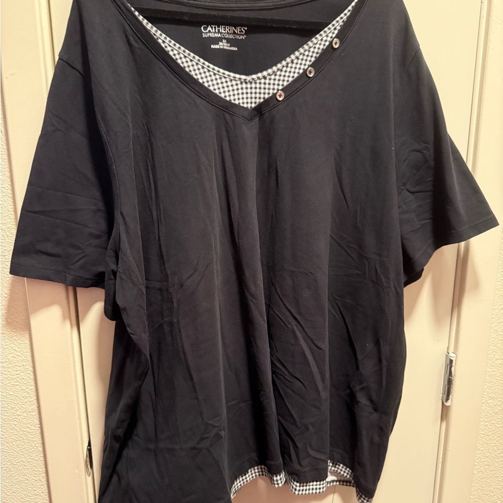 Catherines Black Tunic with Striped V-Neck